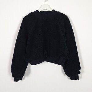 Fabletics Black Faux Sherpa Fleece Pullover Cropped Sweatshirt